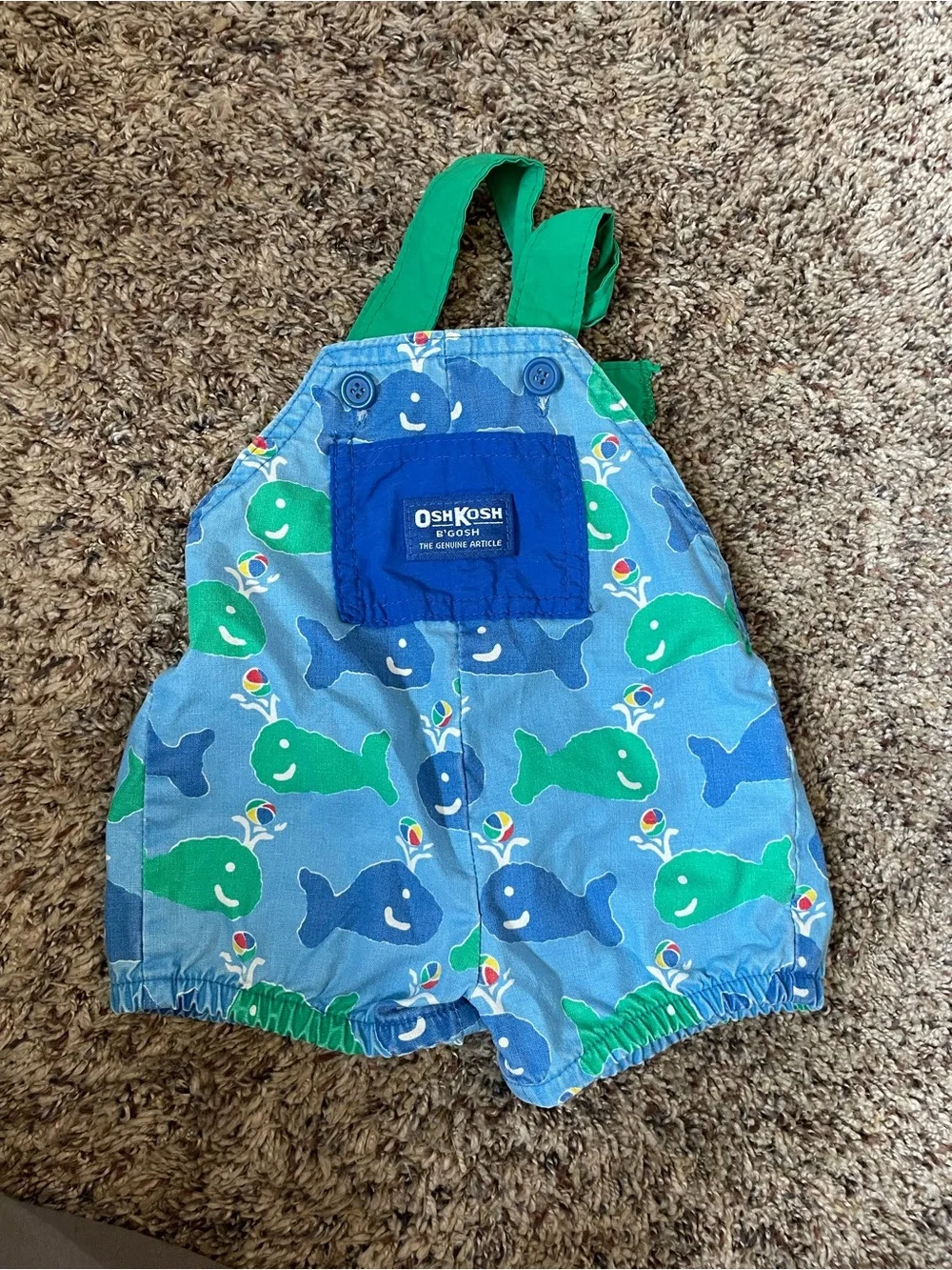 Rare Vintage OshKosh B'gosh Blue & Green Whale Print Baby Overall Shorts